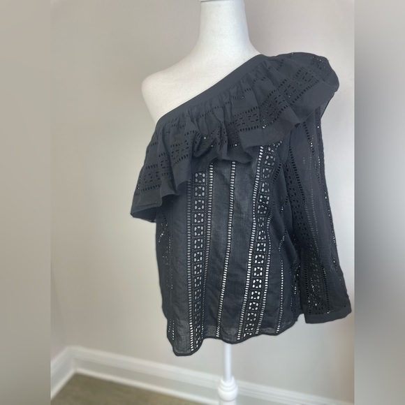 Retail $298 Veronica Beard CRUZ RUFFLED ONE SHOULDER TOP BLACK COTTON EYELET TOP - Picture 2 of 11